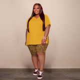 EVE Plus Size Solid Split T Shirt And Leopard Print Shorts 2 Piece Set MUKF-M055