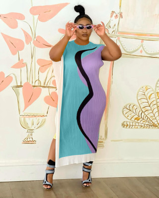 EVE Plus Size Printed Contrast Color Irregular Long Dress HTF-6093