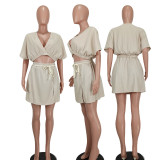EVE Solid Color V Neck Waist Belt Skirts Two Piece Set YD-8711