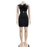 EVE Solid Color Feather Wrap Chest Sleeveless Mini Dress BY-6278