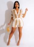 EVE Hollow Out See-through Lapel Knitted Shorts Set ZSD-0261