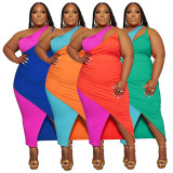 EVE Plus Size Contrast Color Split Slash Shoulder Maxi Dress ASL-7090