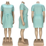 EVE Plus Size Casual Striped Short Sleeve Drawstring Dress LDS-3279