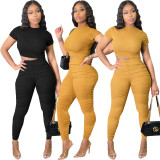 EVE Solid Color Short Sleeve Pleated Two Piece Pants Set OMY-11010