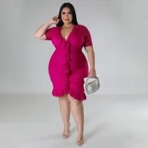 EVE Plus Size Double Layer Ruffle V Neck Midi Dress NNWF-7816