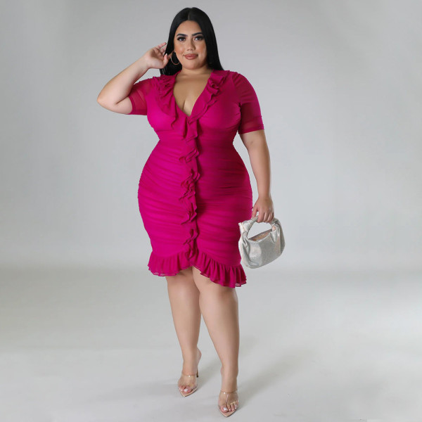 EVE Plus Size Double Layer Ruffle V Neck Midi Dress NNWF-7816