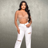EVE Mesh Hot Drill Beaded Pullover BY-6355