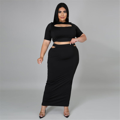 EVE Plus Size Hollow Out Short Sleeve Tight Skirt Two Piece Set NNWF-3072