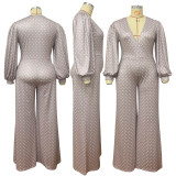 EVE Plus Size Polka Dot Print V Neck Loose Jumpsuit(Without Waist Belt) NNWF-3037