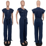 EVE Solid Color Denim Bandage Jumpsuit(With Waist Belt) CQ-208