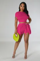 EVE Solid Color Short Sleeve Tassel Shorts 2 Piece Set YD-8729