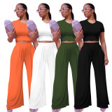 EVE Casual Solid Short Sleeve Wide Leg Pant Two Piece Set FOSF-8361