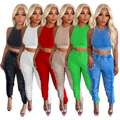 EVE Solid Color Sleeveless Top And Pleated Pants Sport Suit YF-10494