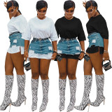 EVE Denim Skirts And T Shirt Combo Two Piece Set(Without Waist Belt) YMEF-5205