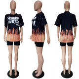 EVE Black Letter Print Casual Sports Two Piece Shorts Set LSL-6286