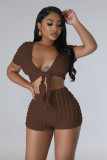 EVE Solid Color Tie Up Tops And Shorts Two Piece Set YD-1173