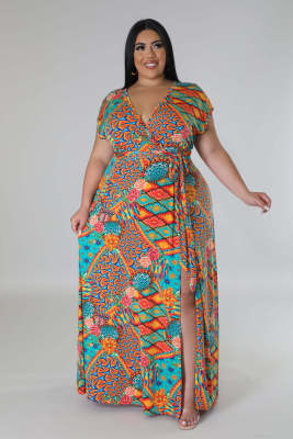 EVE Plus Size Print Short Sleeve Maxi Dress TE-4627