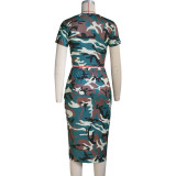 EVE Camo Print O Neck T Shirt And Slit Skirt Two Piece Set YS-S860