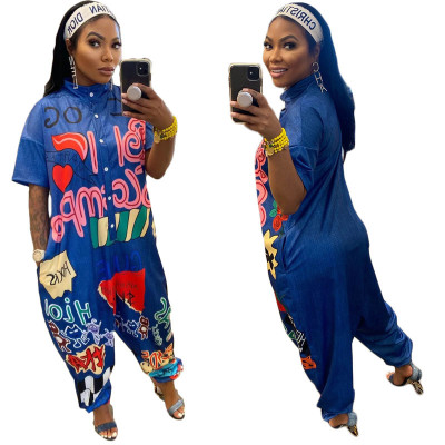 EVE Printed Short Sleeve Casual Sports Jumpsuit GFDY-1143