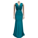 EVE Solid Color V Neck Pleated Maxi Dress BY-6357