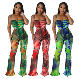 EVE Sexy Print Sling Backless Flare Jumpsuit With Belt YF-10516