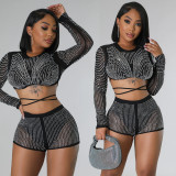 EVE Solid Hot Drilling Long Sleeve Two Piece Shorts Set BY-6367