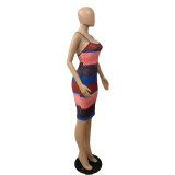 EVE Sexy Sling Backless Print Dye Midi Dress QXTF-8848