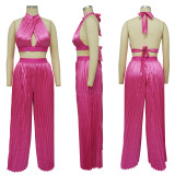EVE Solid Halter Crop Tops And Wide Leg Pant 2 Piece Set YF-10410