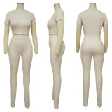 EVE Solid Color O Neck Tops And Pants Tight 2 Piece Set YF-10514