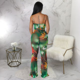 EVE Sexy Print Sling Backless Flare Jumpsuit With Belt YF-10516