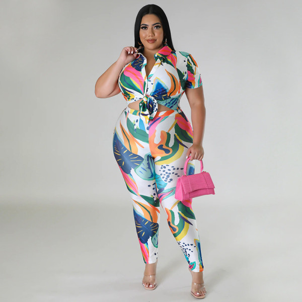 EVE Plus Size Fashion Print Short Sleeve Pants Two Piece Set NNWF-7861