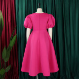 EVE Plus Size Fashion V-neck Bubble Sleeve Dress GATE-D362