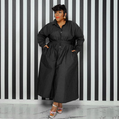 EVE Plus Size Solid Lapel Single Breasted Long Sleeve Shirt Dress SSNF-211283