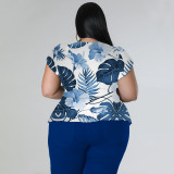 EVE Plus Size Casual Print V Neck Tops And Pants Two Piece Set NNWF-7849