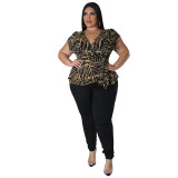 EVE Plus Size Casual Print V Neck Tops And Pants Two Piece Set NNWF-7849