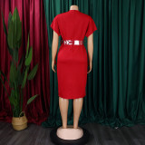 EVE Plus Size Fashion V-neck Sexy Midi Dress With Belt GATE-D366