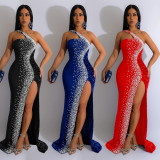 EVE Solid Hot Drill Sequin Slit Maxi Dress BY-6365