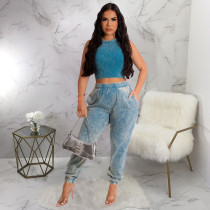 EVE Solid Color Sleeveless Crop Tops And Pants 2 Piece Set YF-10506