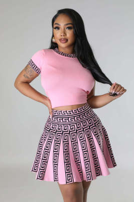 EVE O Neck Short Sleeve Tops And Pleated Skirt Two Piece Set OSM-4399