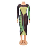 EVE Fashion Sexy Mesh Printed Long Sleeve Midi Dress GOSD-1268