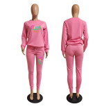 EVE PINK Letter Print Long Sleeve And Pants 2 Piece Set GDNF-CN0067P2