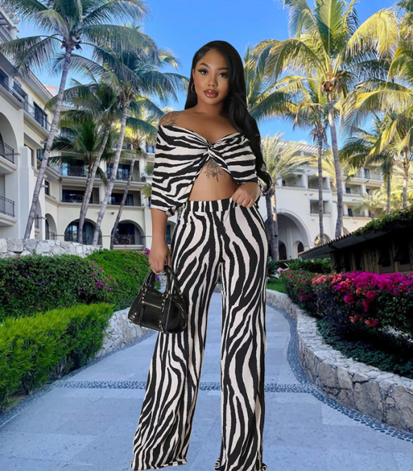 EVE Plus Size Casual Print Off Shoulder Tops And Wide Leg Pants Suit OM-1628