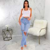 EVE Fashion Mid-waist Holes Jeans HSF-2731
