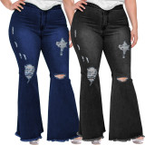EVE Plus Size Fashion Hole Flare Jeans HSF-2682