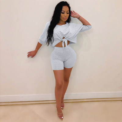 EVE Solid Color Tie Up Crop Tops And Shorts Two Piece Set XMY-9427