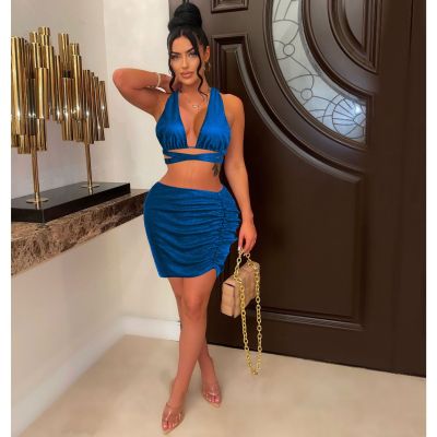 EVE Sexy Solid Halter Vest And Skirts Two Piece Set MNSF-5358