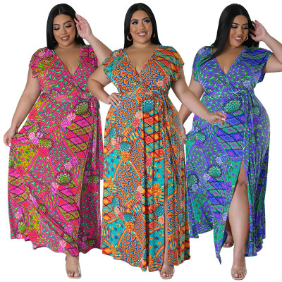 EVE Plus Size Bohemian Print V-neck Big Swing Maxi Dress NNWF-7857
