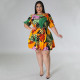 EVE Plus Size Print Lantern Sleeve Midi Dress NNWF-7862