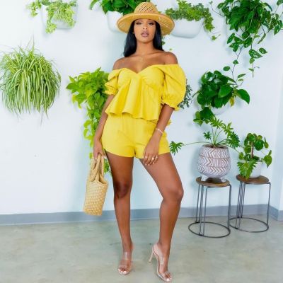 EVE Casual Solid Off Shoulder Two Piece Shorts Set OM-L731