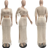 EVE Sexy Knits Solid Tassel Slit Two Piece Skirts Set JPF-1086